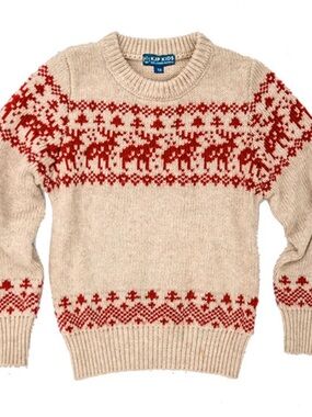 Kiel James Patrick Kids Cream Sweater with Red Nordic Moose Pattern